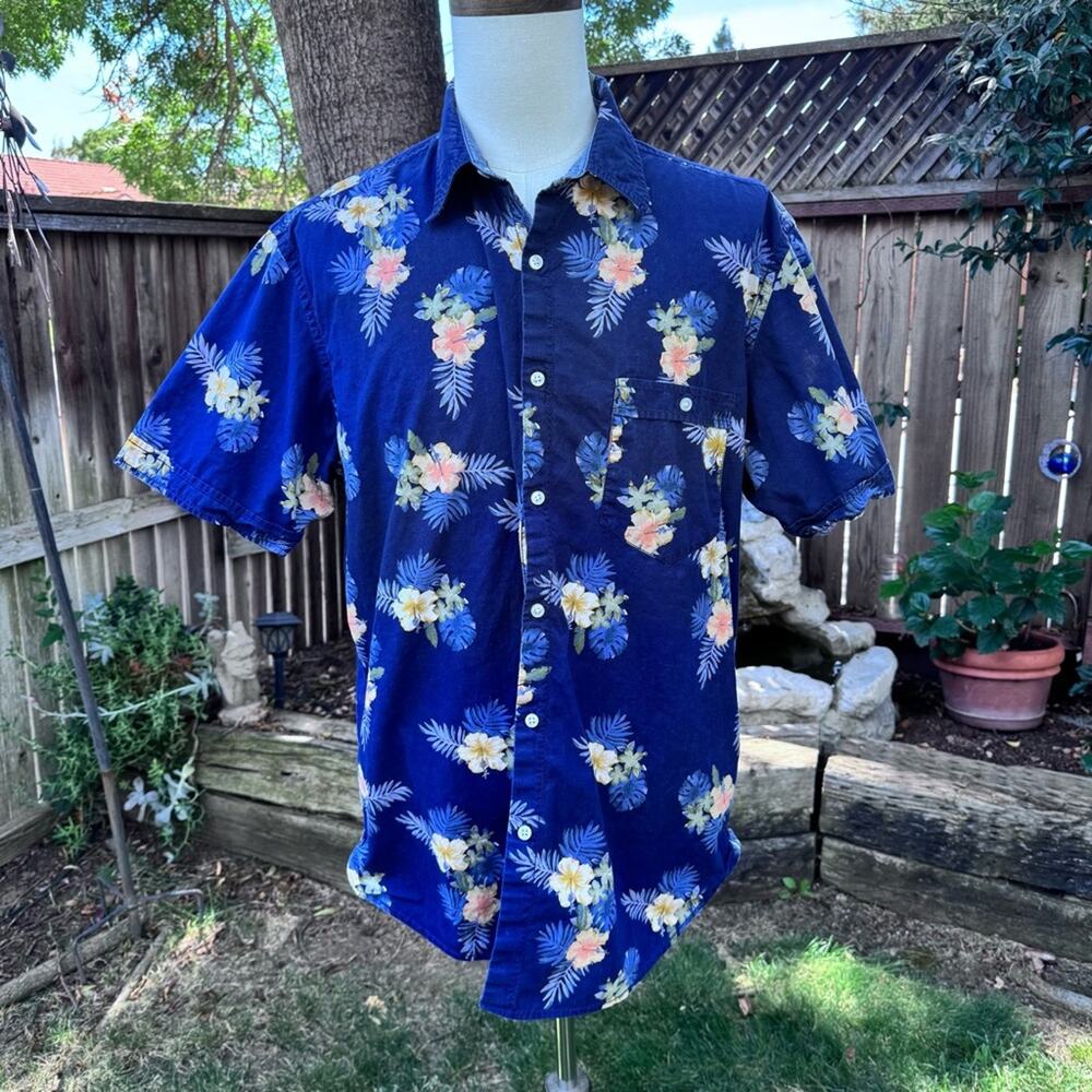 Club Room Hawaiian Tropical Floral Blue Men's Size XL Short Sleeve Button Shirt